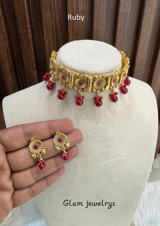 Ruby Gold Polki Choker Indian Jewellery Bobo Set