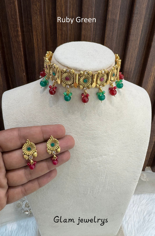 Ruby Green Gold Polki Choker Indian Jewellery Bobo Set