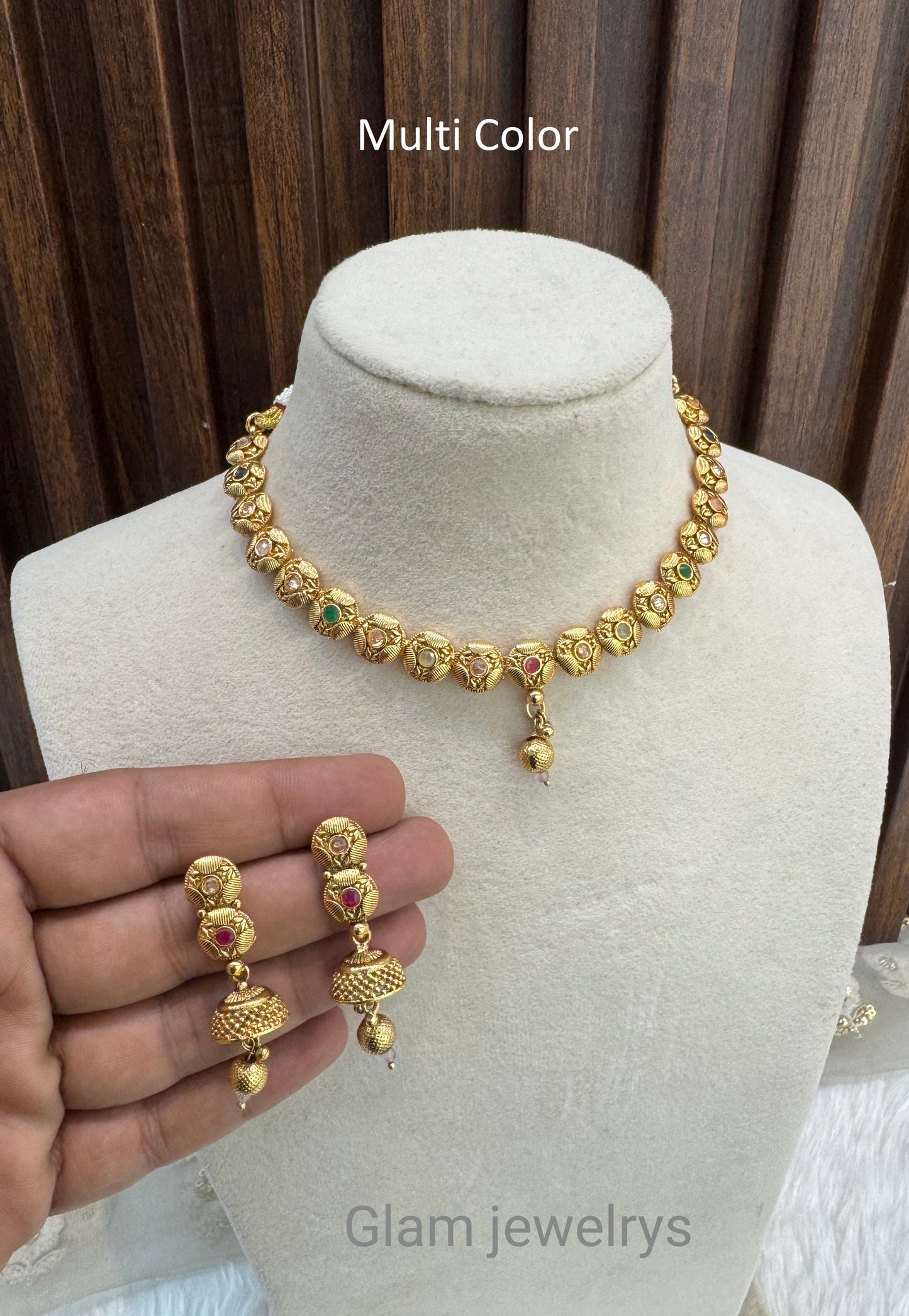 Multi color Gold Polki Necklace Indian Jewellery Pawan Set