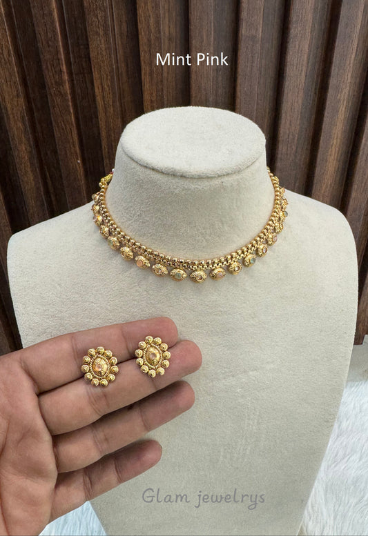Mint Pink Gold Polki Necklace Indian Jewellery Pawan Set