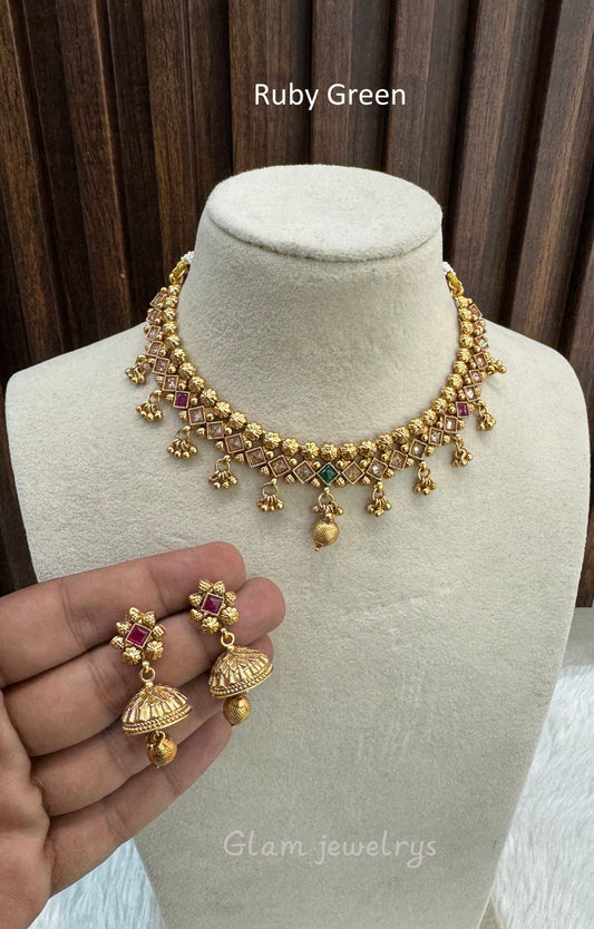 Ruby Green Gold Polki Necklace Indian Jewellery Pawan Set
