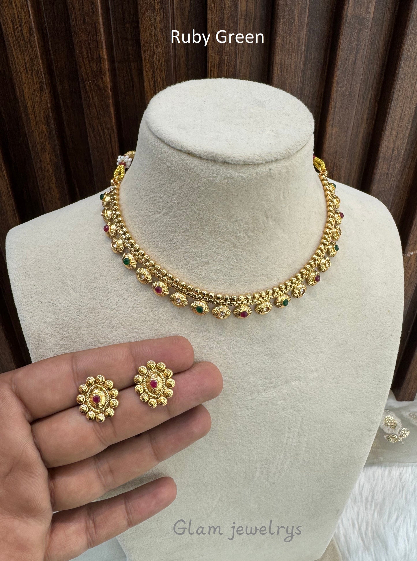 Ruby Green Gold Polki Necklace Indian Jewellery Pawan Set