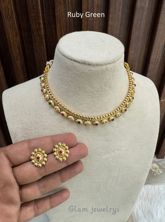 Ruby Green Gold Polki Necklace Indian Jewellery Pawan Set