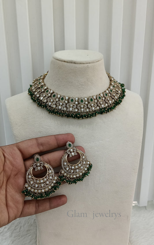 Green Antique Gold Kundan Necklace indian Jewellery Jot Set