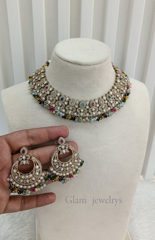 Multi Color Antique Gold Kundan Necklace indian Jewellery Jot Set