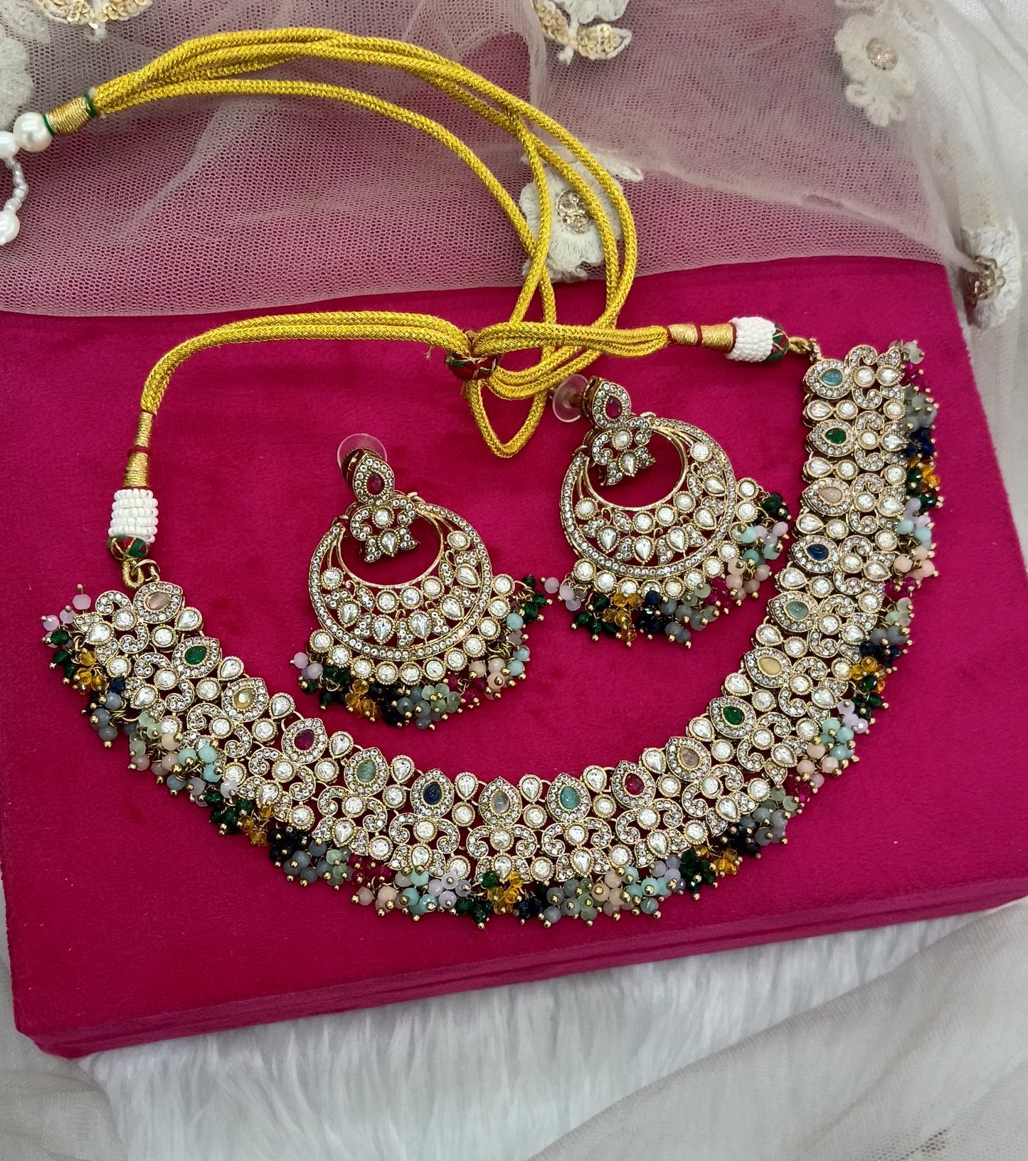 Multi Color Antique Gold Kundan Necklace indian Jewellery Jot Set