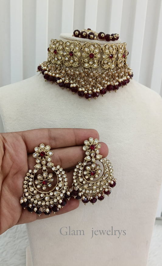 Maroon Antique Gold Choker Indian Jewellery Jot Set