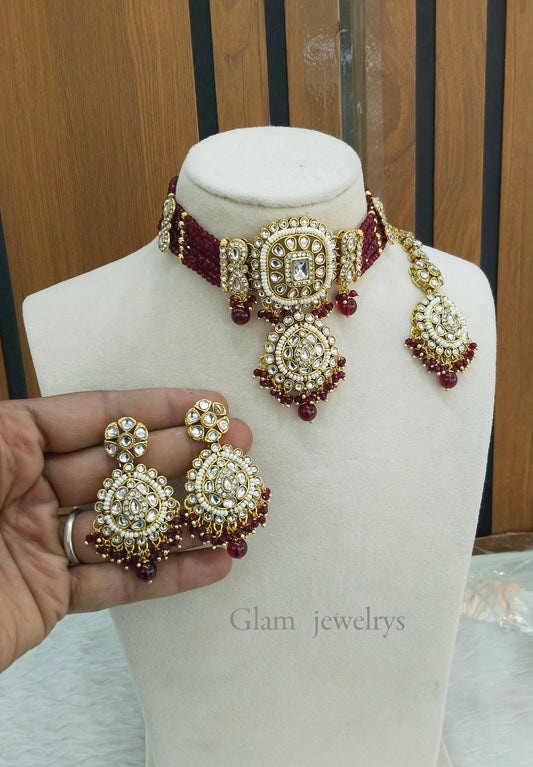 Maroon Choker Kundan Indian Jewellery Lavani Set