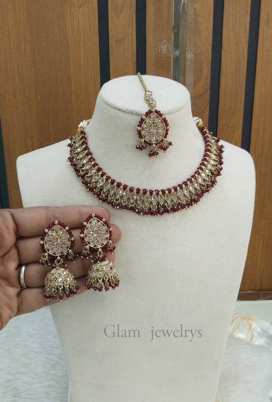 Maroon Antique Gold Necklace Indian Jewellery Anmol Set