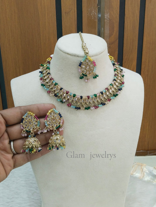 Multi Color Antique Gold Necklace Indian Jewellery Anmol Set
