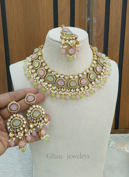 Mint Pink Kundan Necklace Jewellery Ehimay Set