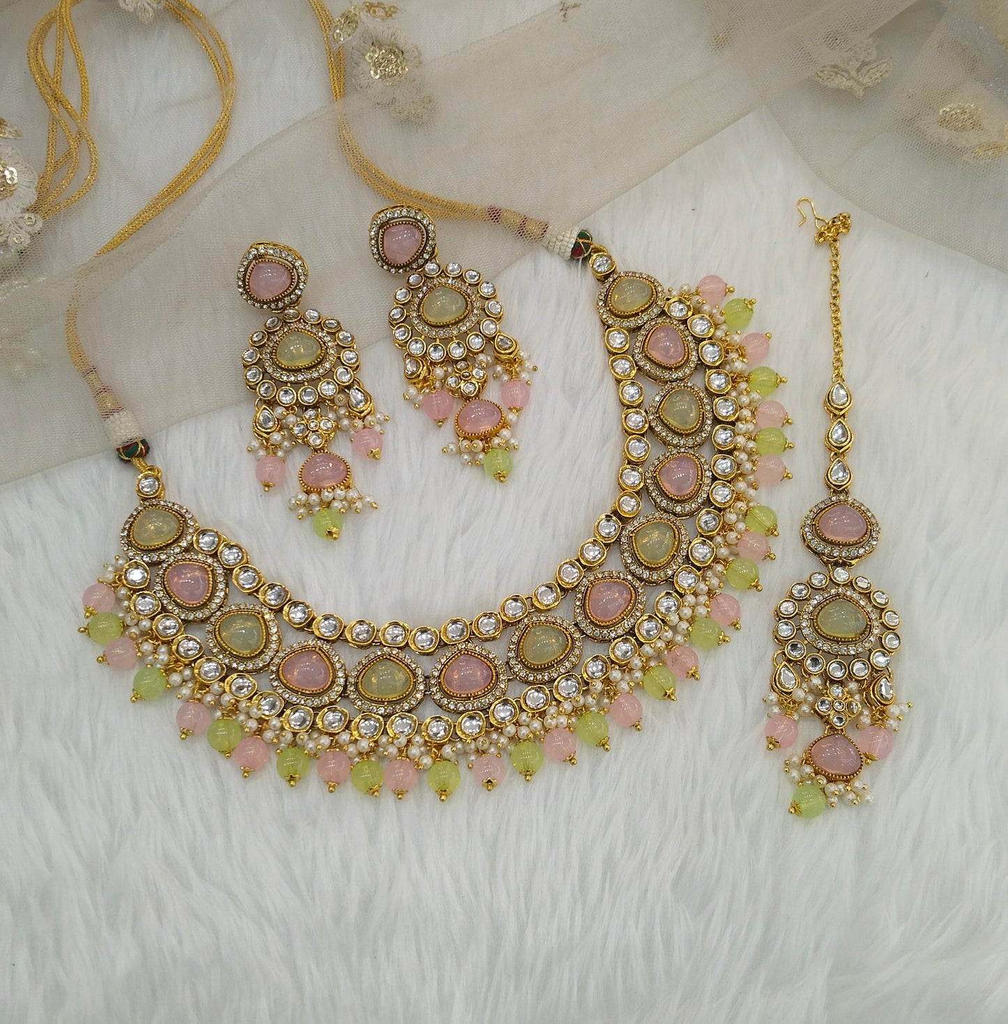 Mint Pink Kundan Necklace Jewellery Ehimay Set