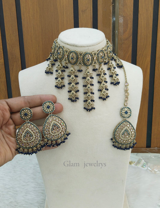 Blue Antique Gold Choker Indian Jewellery Inder Set