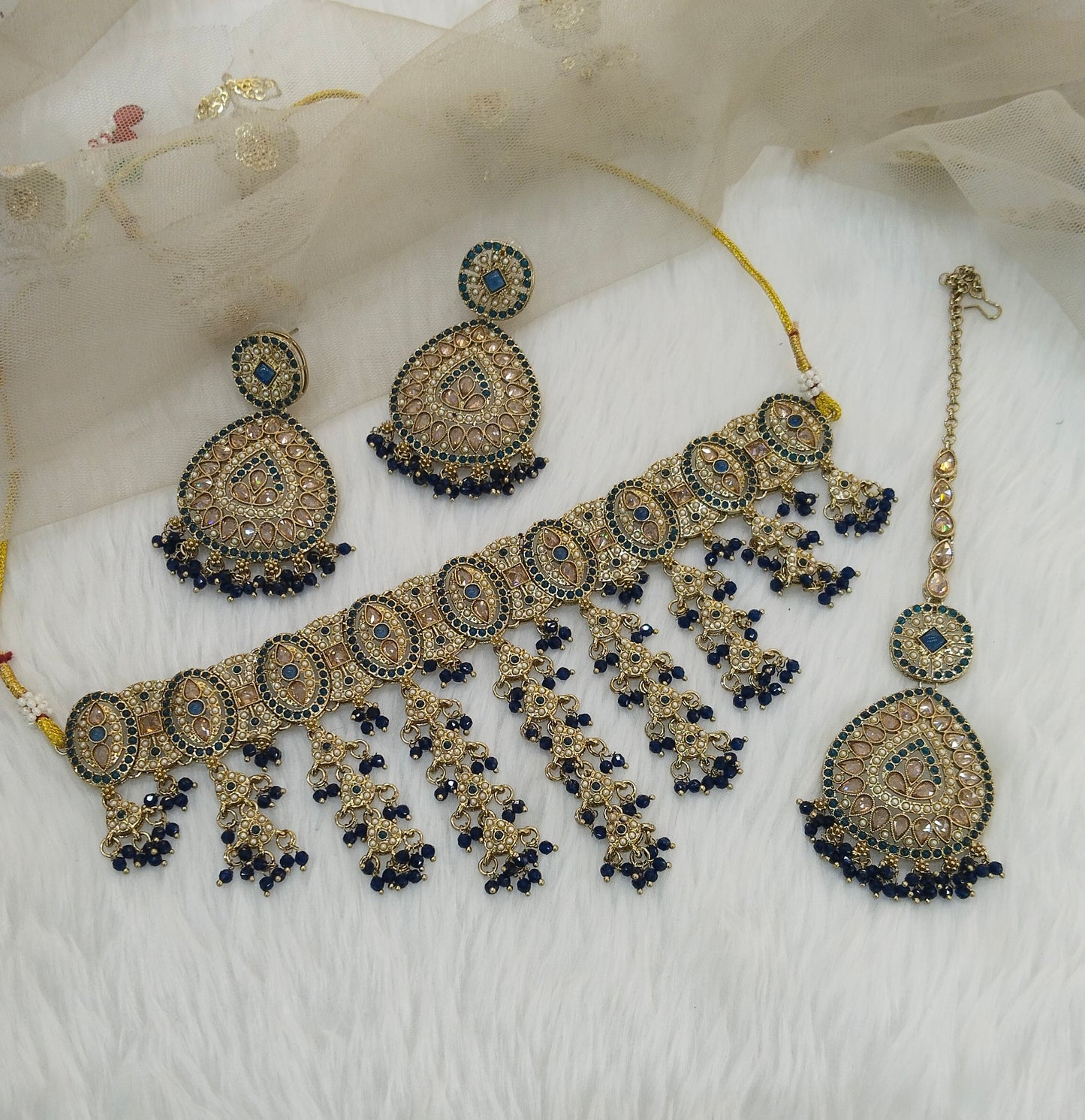 Blue Antique Gold Choker Indian Jewellery Inder Set
