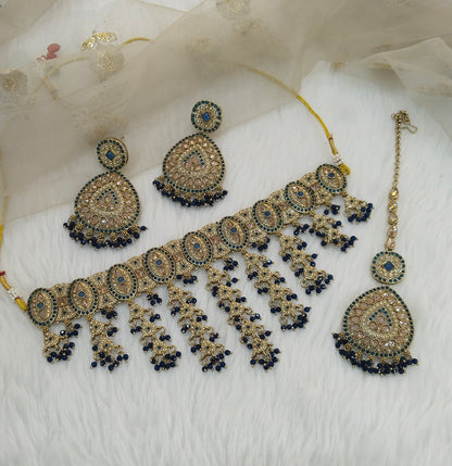 Blue Antique Gold Choker Indian Jewellery Inder Set