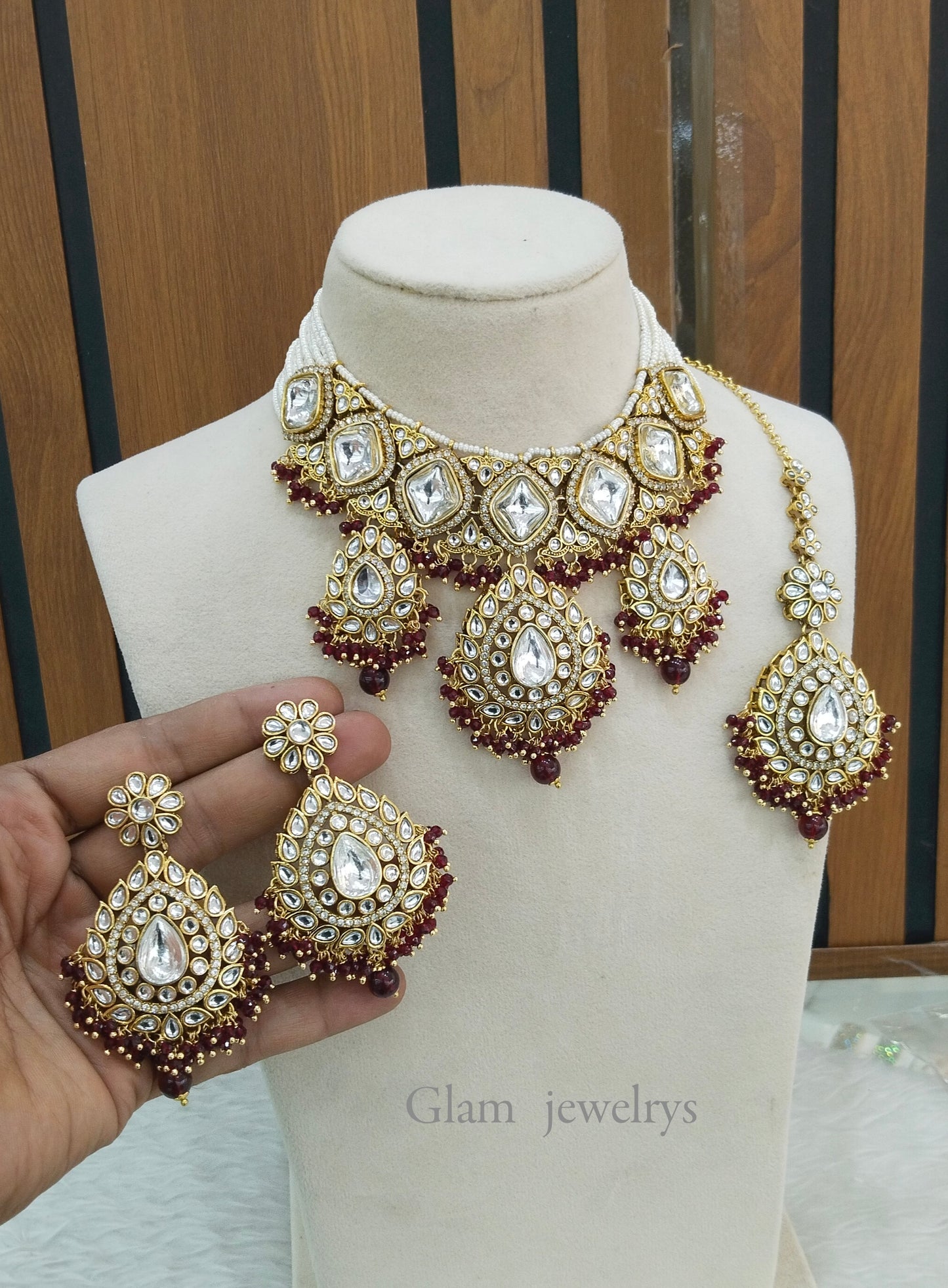 Maroon Kundan Necklace Jewellery Rose Set