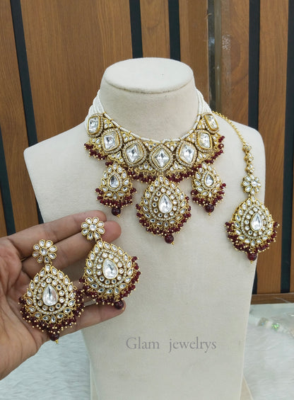 Maroon Kundan Necklace Jewellery Rose Set