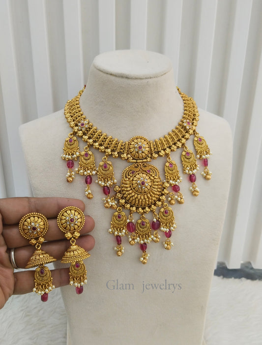 Ruby Gold Polki Necklace Indian Jewellery Harf Set
