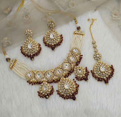 Maroon Kundan Necklace Jewellery Rose Set