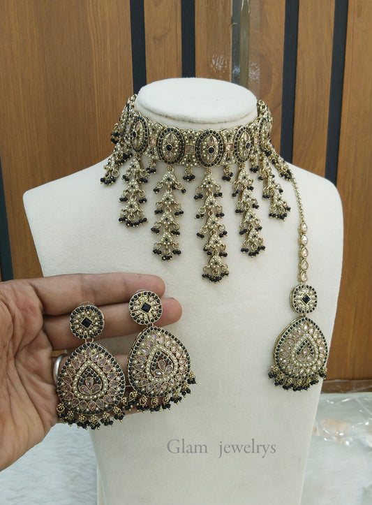 Black Antique Gold Choker Indian Jewellery Inder Set
