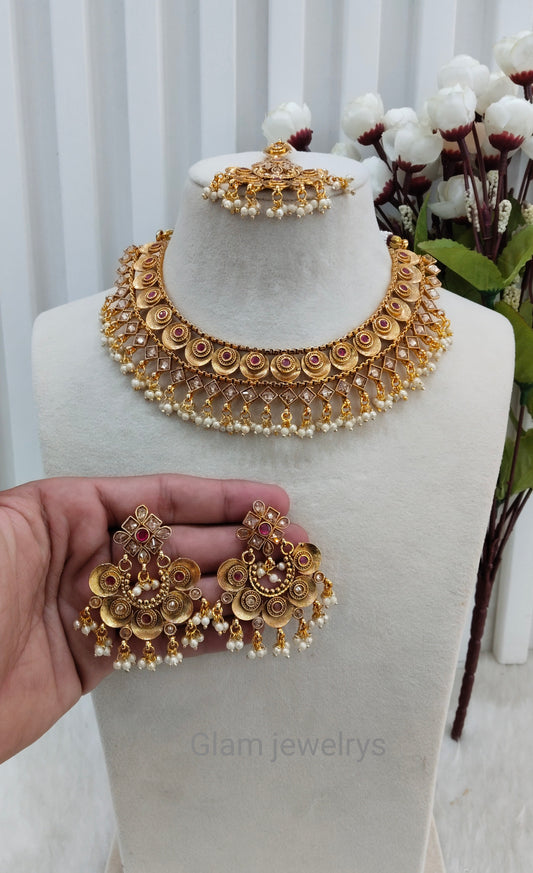 Ruby Gold Polki Necklace Indian Jewellery Kuwar Set