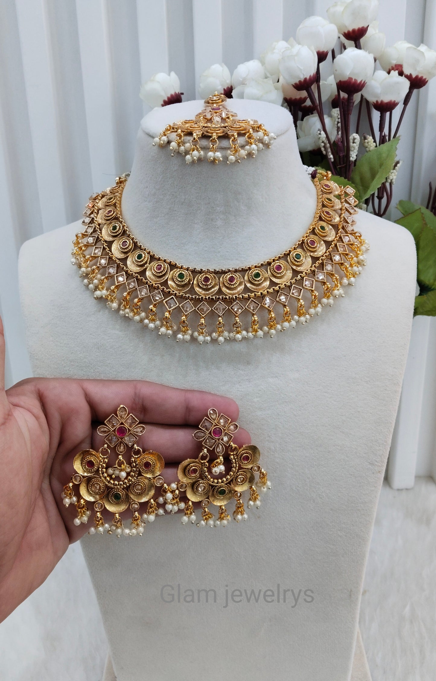 Ruby Green Gold Polki Necklace Indian Jewellery Kuwar Set