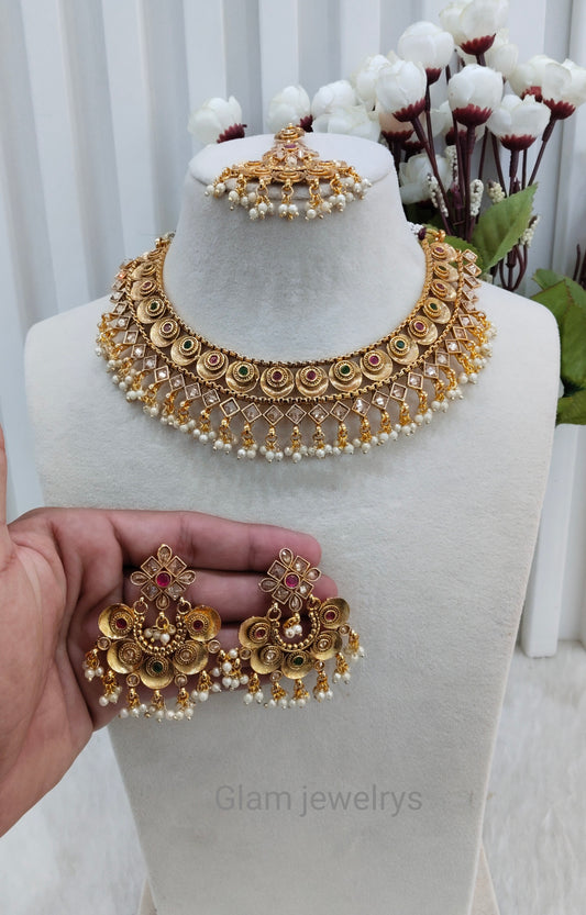 Ruby Green Gold Polki Necklace Indian Jewellery Kuwar Set