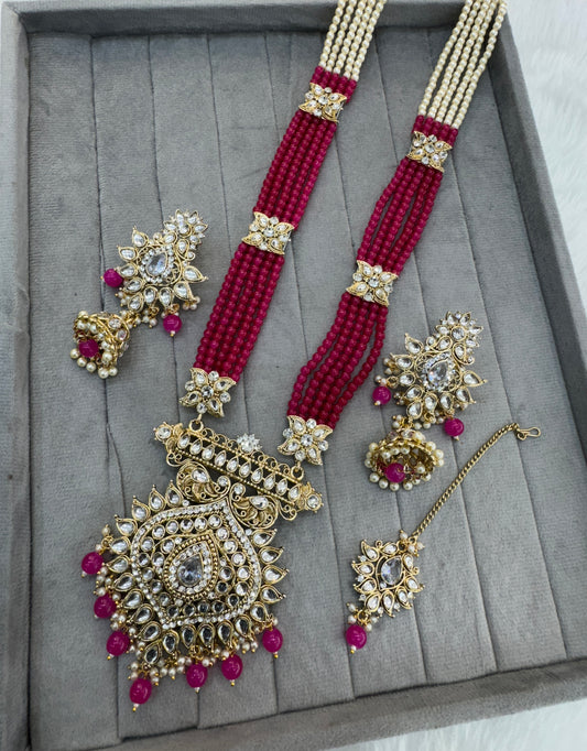 Dark Pink Gold Kundan Long Rani Haar Necklace Indian Jewellery Rekha Set
