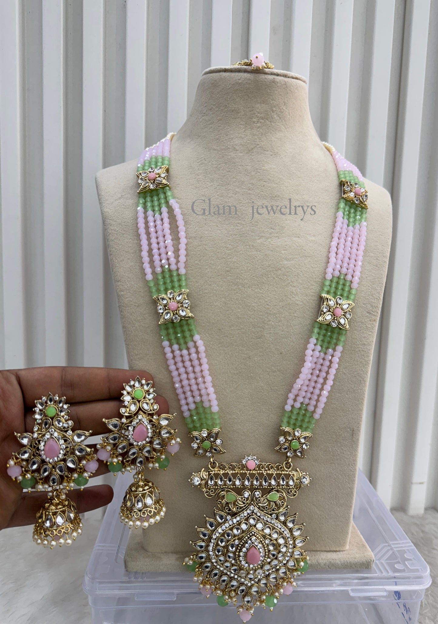 Mint pink Gold Kundan Long Rani Haar Necklace Indian Jewellery Set