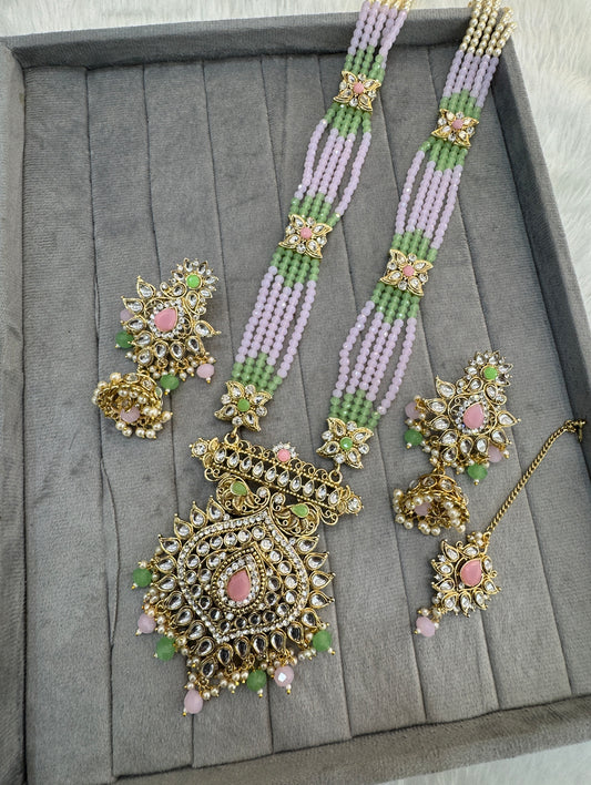 Mint pink Gold Kundan Long Rani Haar Necklace Indian Jewellery Set