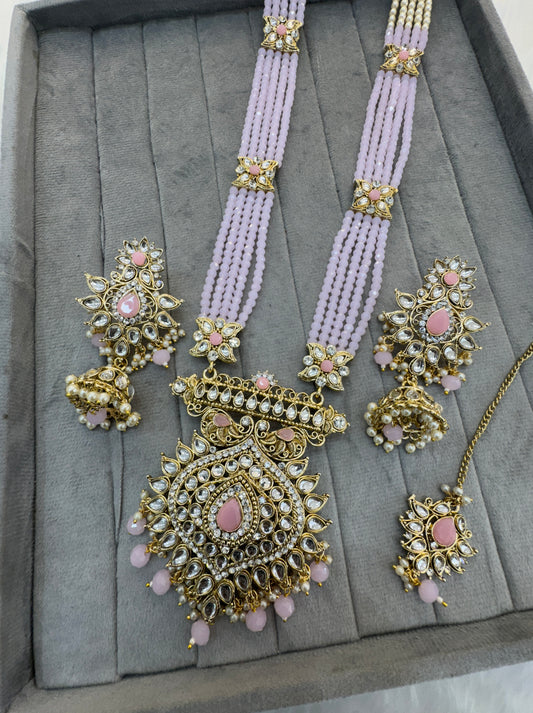 Pink Gold Kundan Long Rani Haar Necklace Indian Jewellery Set