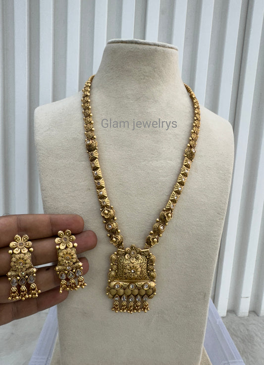 Gold Polki Long Rani Haar Necklace Indian Jewellery Set