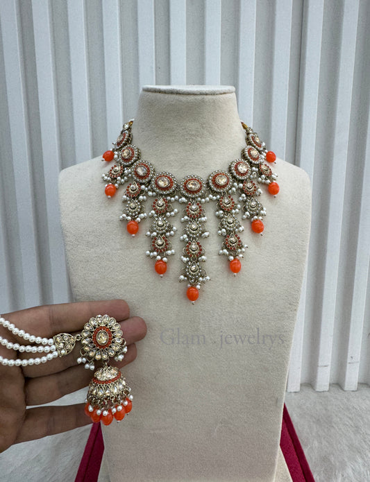 Orange  Necklace Indian Jewellery Jaagran Set