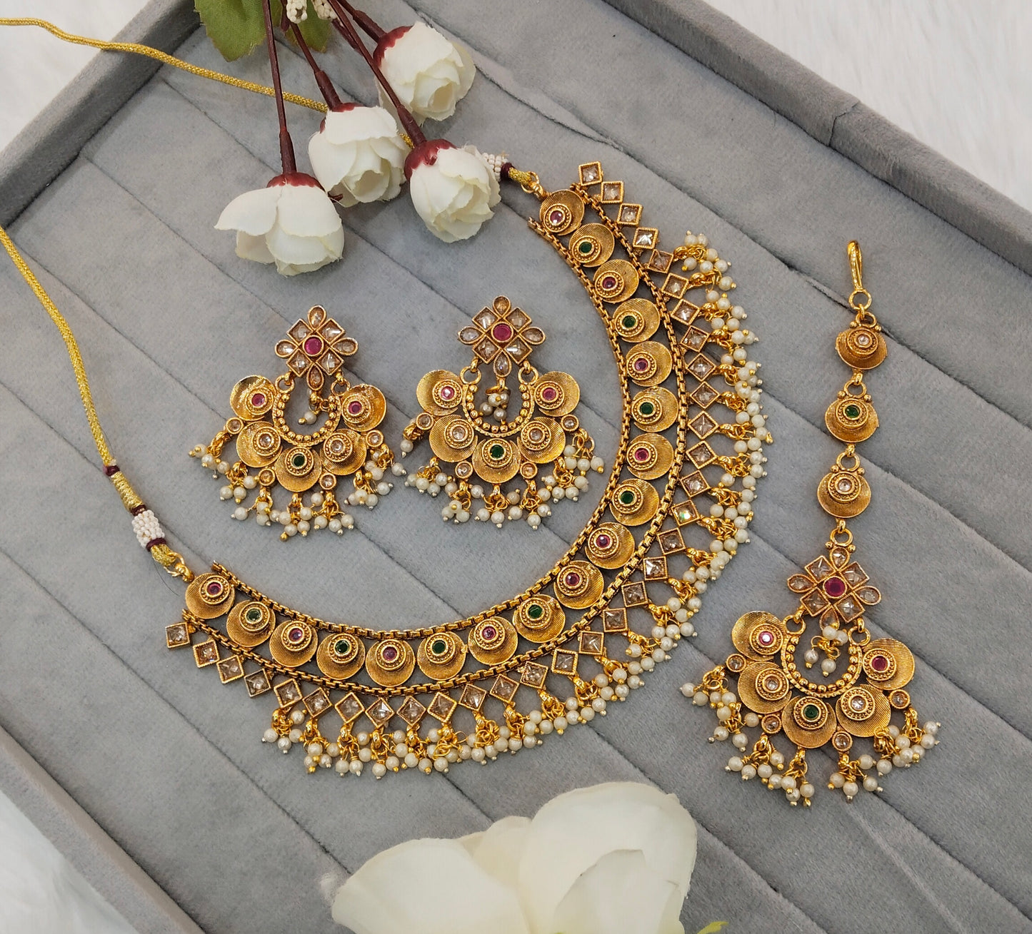 Ruby Green Gold Polki Necklace Indian Jewellery Kuwar Set
