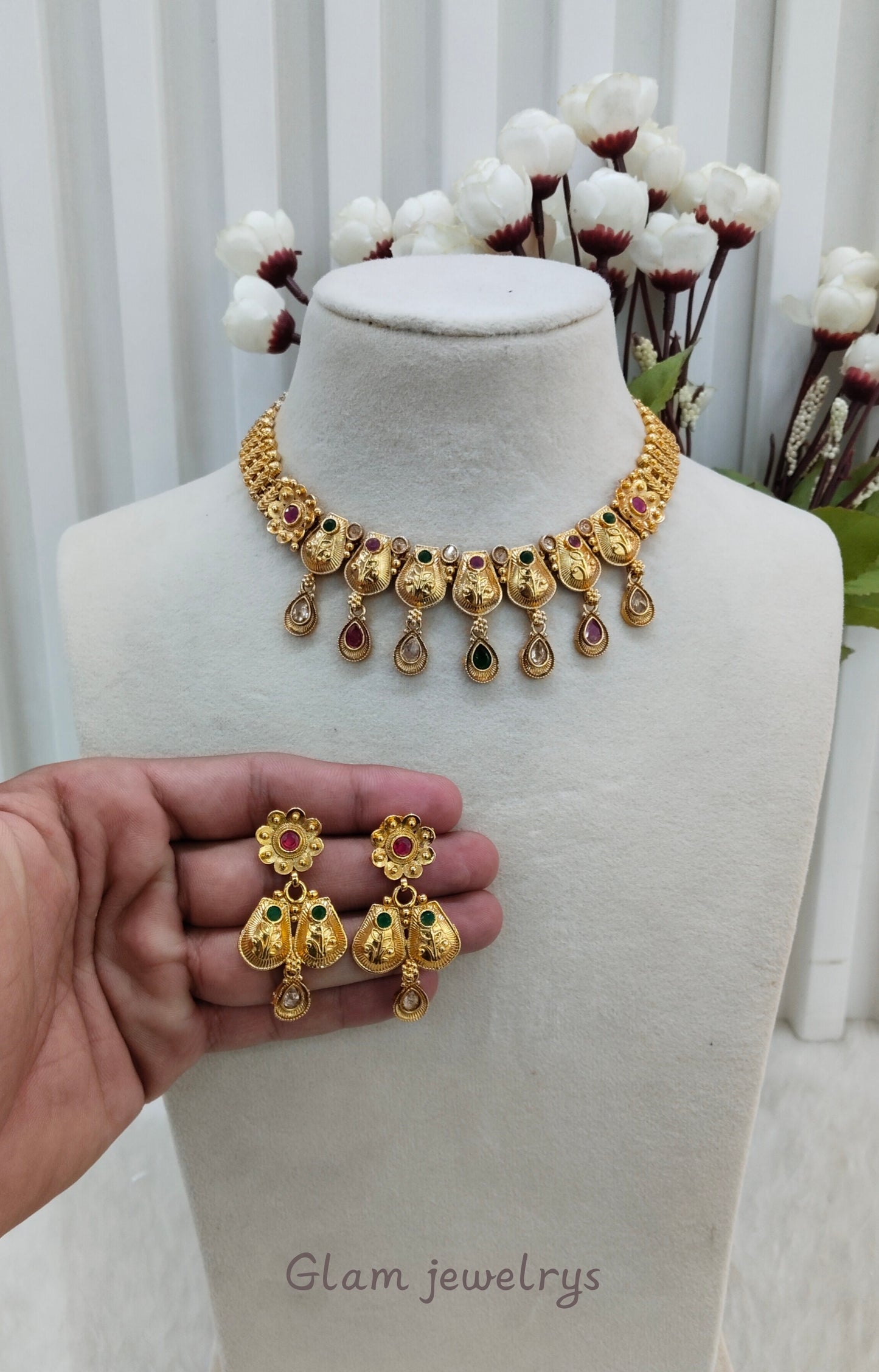 Ruby Green Gold Polki Necklace Indian Jewellery Kuwar Set