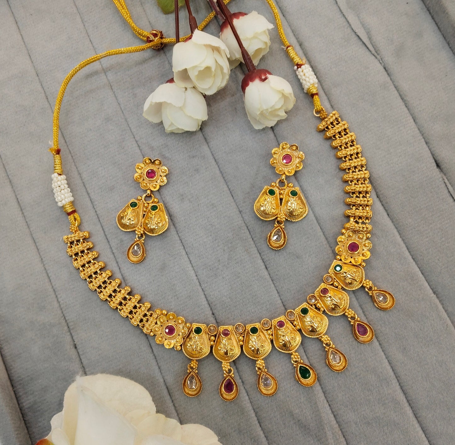 Ruby Green Gold Polki Necklace Indian Jewellery Kuwar Set