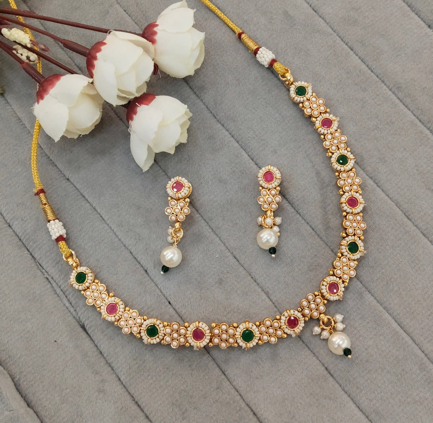 Ruby Green Gold Polki Necklace Indian Jewellery Pawan Set