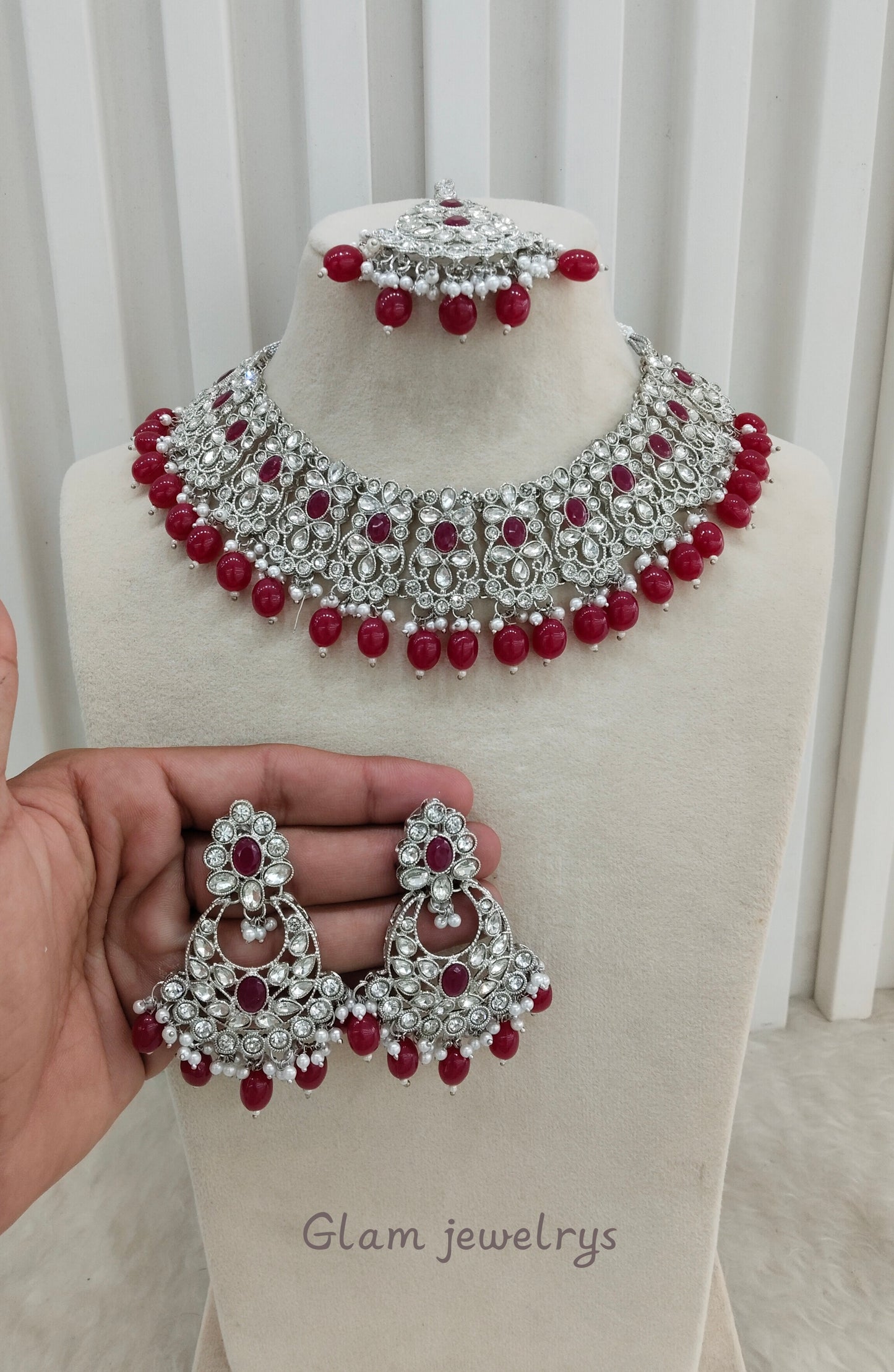 Ruby Silver Necklace Indian Bridal Jewellery liva set