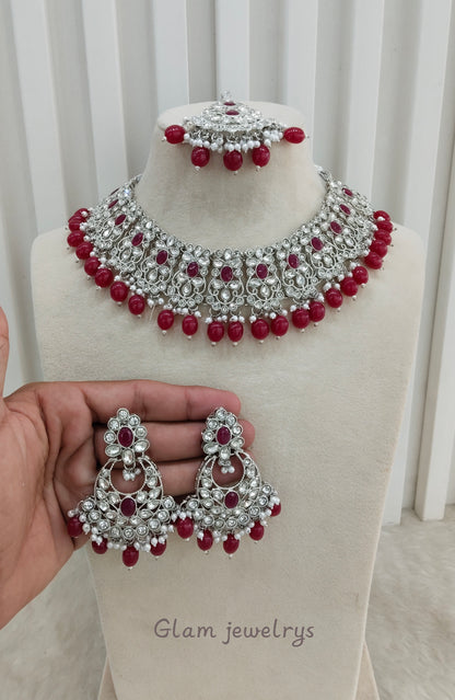 Ruby Silver Necklace Indian Bridal Jewellery liva set