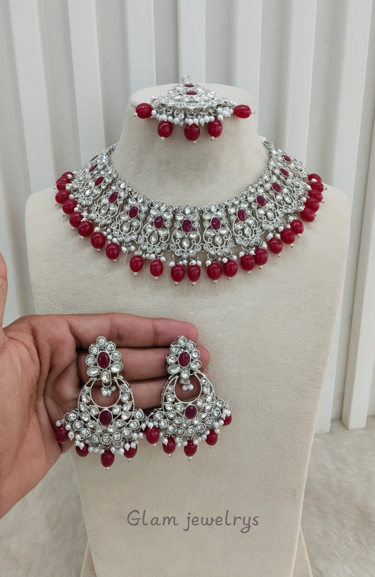 Ruby Silver Necklace Indian Bridal Jewellery liva set