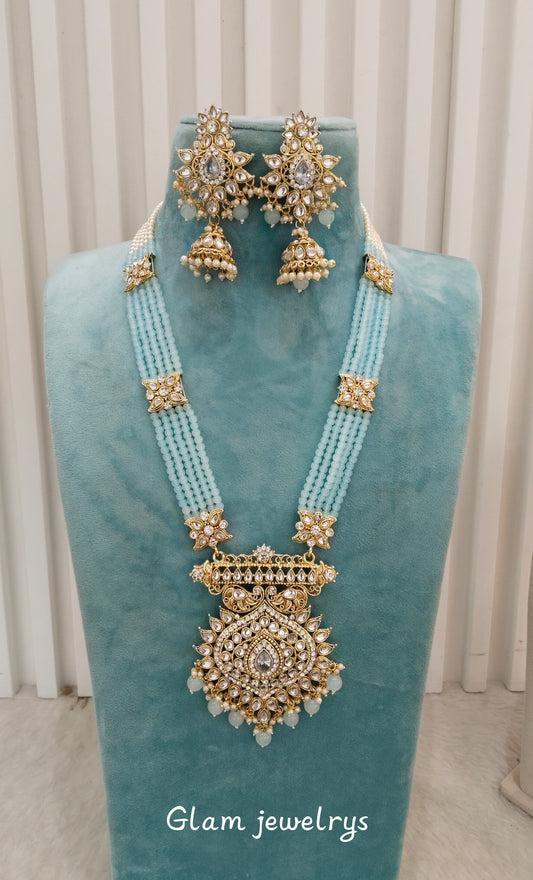 Sea Green Gold Kundan Long Rani Haar Necklace Indian Jewellery Set
