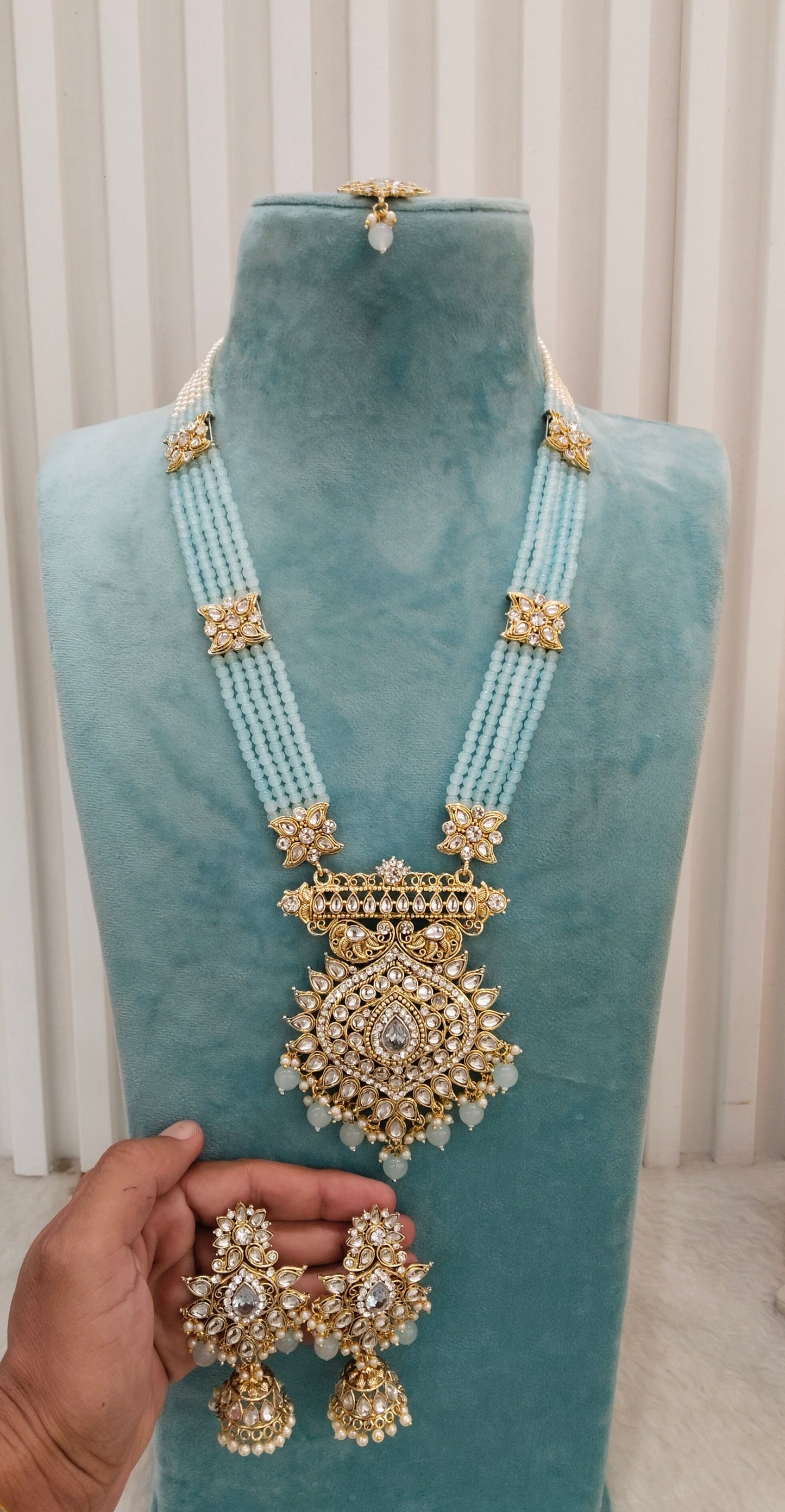 Sea Green Gold Kundan Long Rani Haar Necklace Indian Jewellery Set
