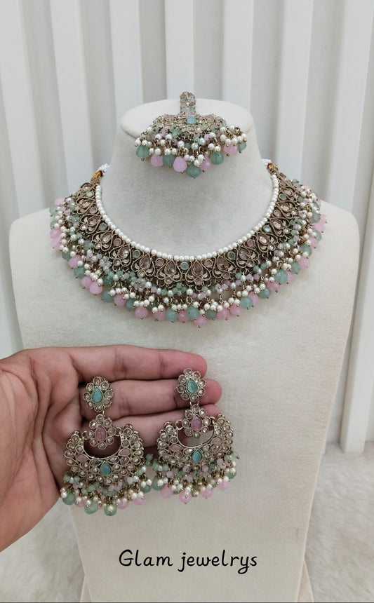 Mint Pink Antique Gold Necklace Indian Jewellery Prisha Set