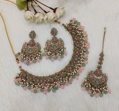 Mint Pink Antique Gold Necklace Indian Jewellery Prisha Set