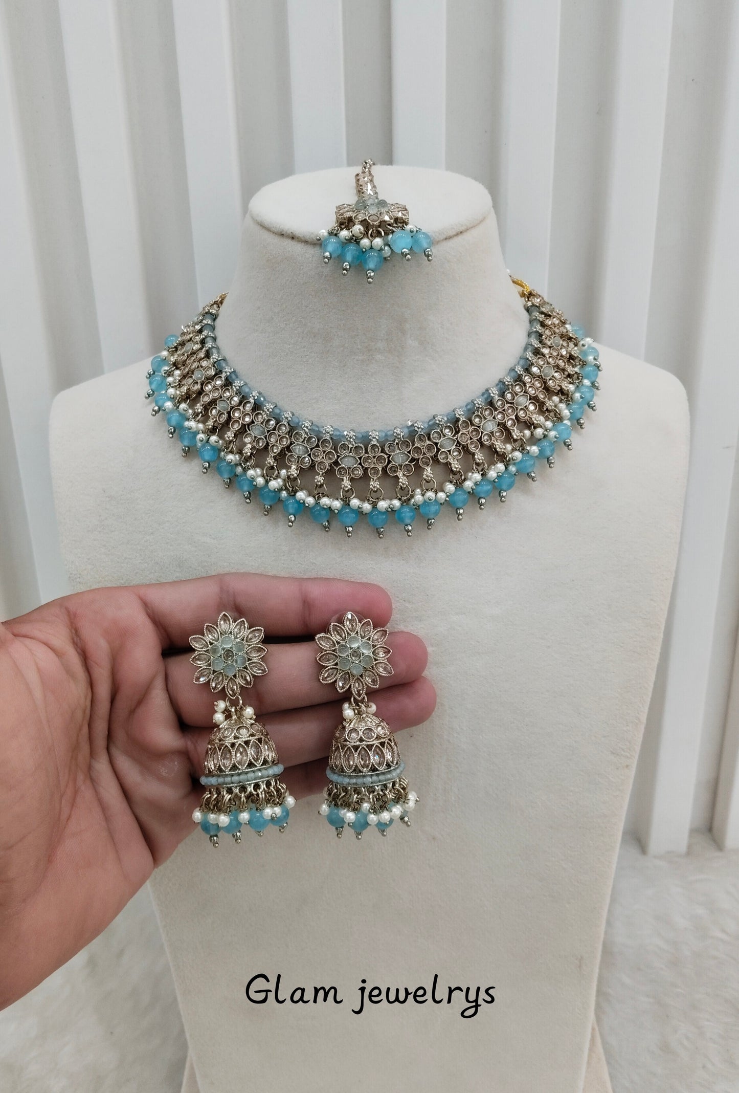 Sky Blue Antique Gold Necklace Indian Jewellery Gurjot Set
