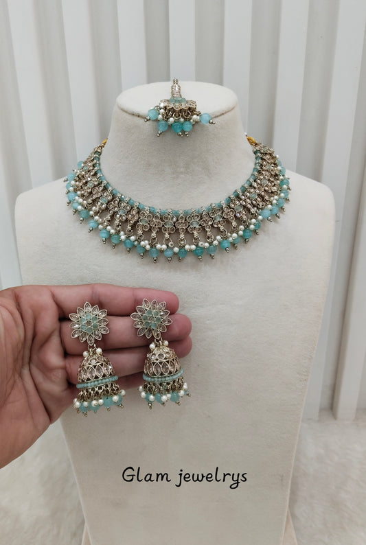 Sea Green Antique Gold Necklace Indian Jewellery Gurjot Set