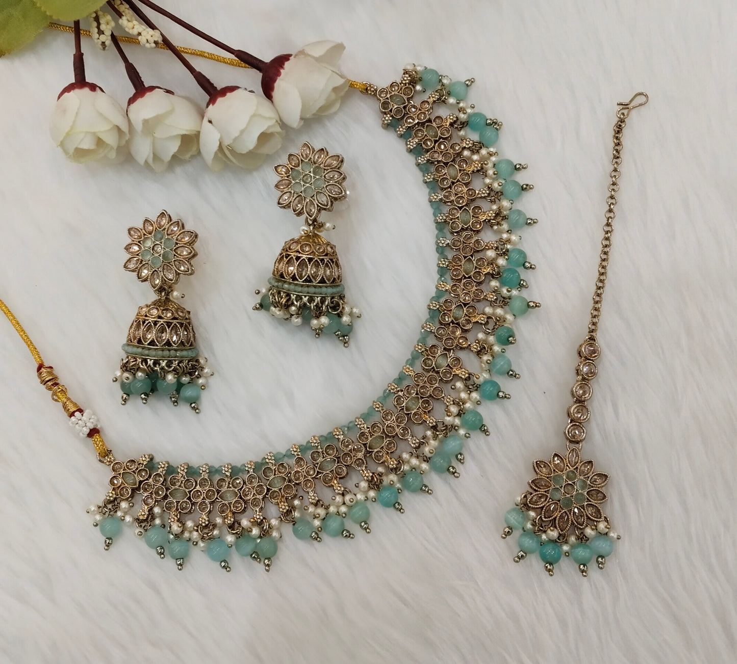 Sea Green Antique Gold Necklace Indian Jewellery Gurjot Set