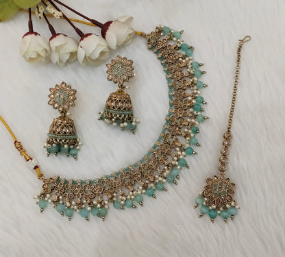 Sea Green Antique Gold Necklace Indian Jewellery Gurjot Set