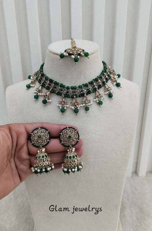 Green Antique Gold Necklace Indian Jewellery Gurjot Set
