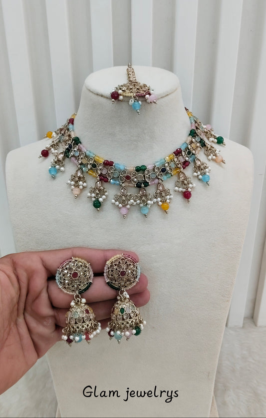 Multi Color Antique Gold Necklace Indian Jewellery Gurjot Set